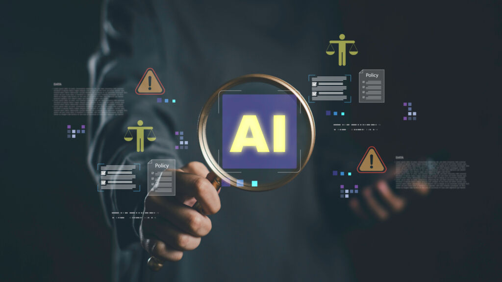 Analyzing AI with magnifying glass surrounded by legal and ethical icons symbolizing regulation compliance and responsible policy in artificial intelligence