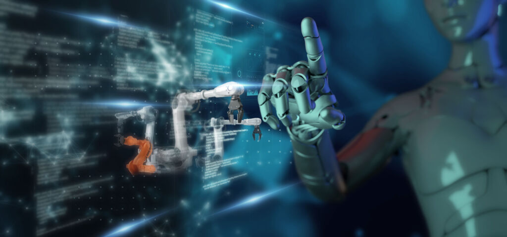 3D Robot and robot arm working in factory future work process futuristic industry engineering background digital technology industry revolution