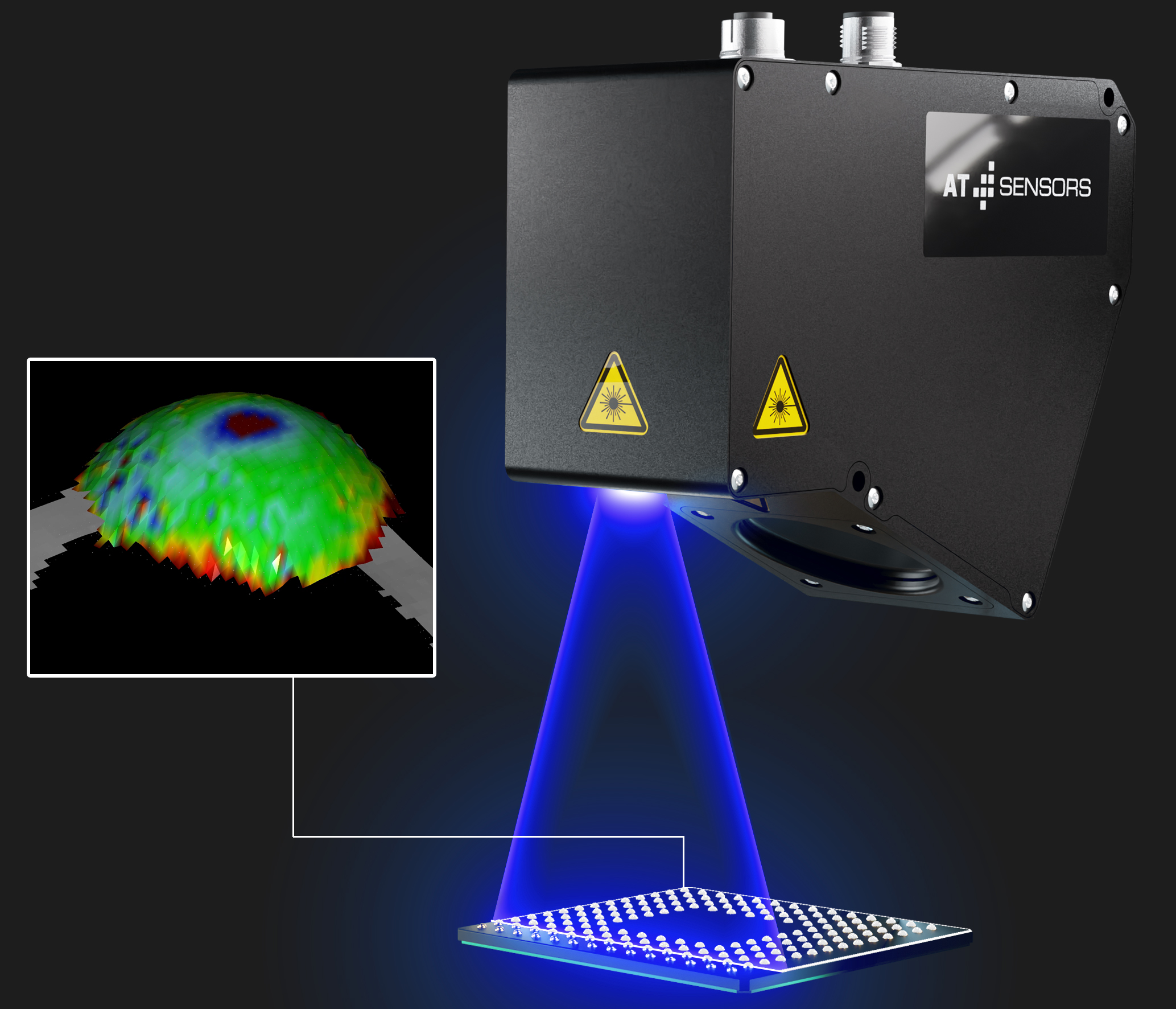 Gemeinsam mit AT Sensors hat ASMPT einen kundenspezifischen 3D-Laserprofilsensor entwickelt, der eine Profilrate von 12.500 Profilen/s sowie ein Messfeld von 180×180mm bietet und selbst spiegelnde Lötballoberflächen zuverlässig erfasst.