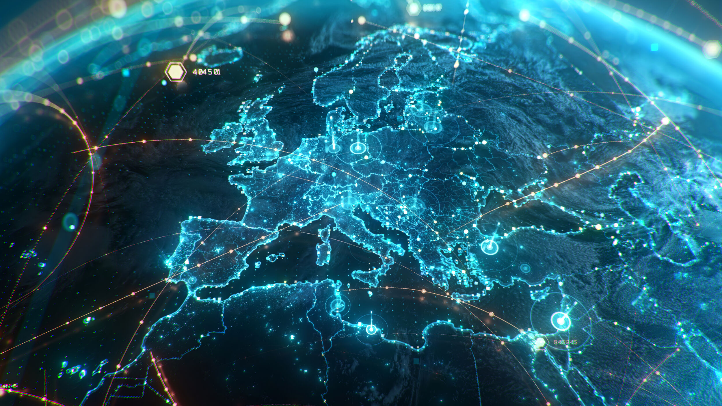 Futuristic digital Earth globe with glowing global network connection lines big data transfer and cyber security technology over Europe map. 3D concept of worldwide connectivity and globalization