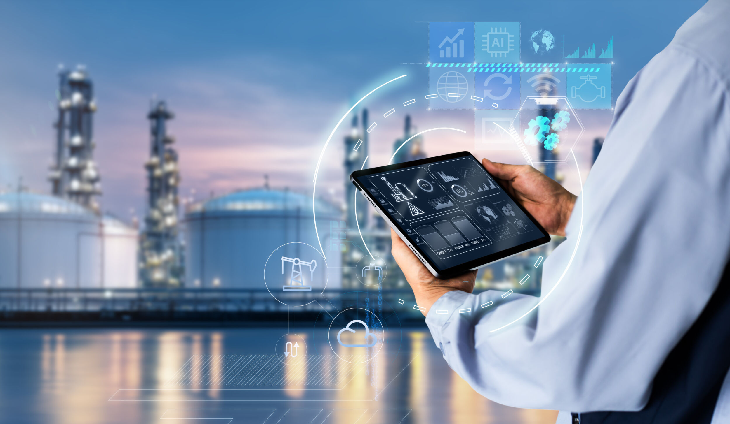 Oil and gas refinery system management concept.engineer using digital tablet controlling smart factory and oil refinery plant