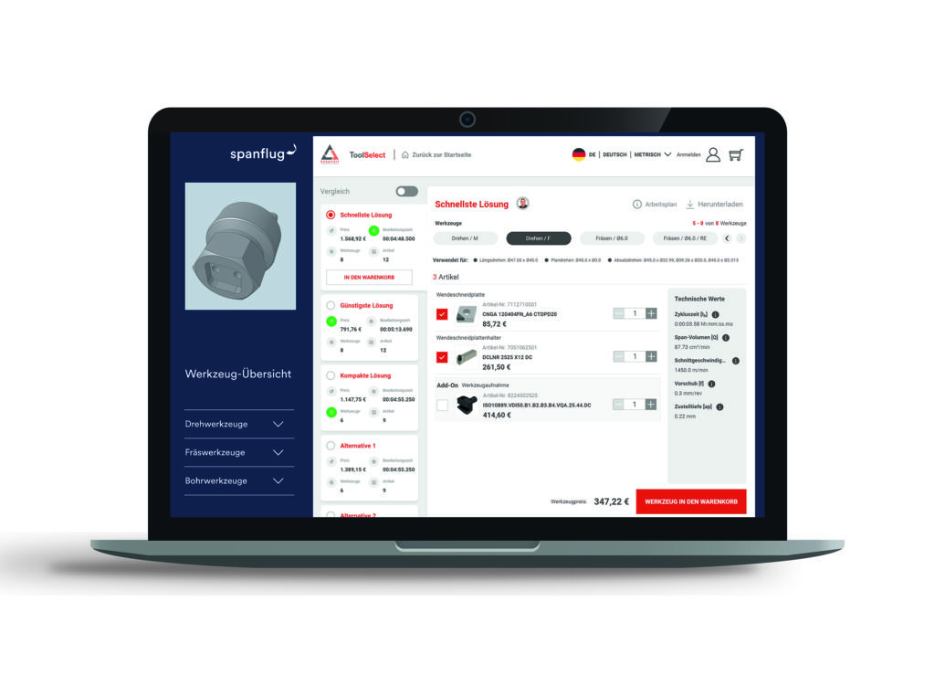 Spanflug Make ist jetzt mit ToolSelect von Ceratizit verknüpft: Aus dem CAD-Modell entsteht so in Sekunden eine vollständige optimierte Werkzeuglösung.