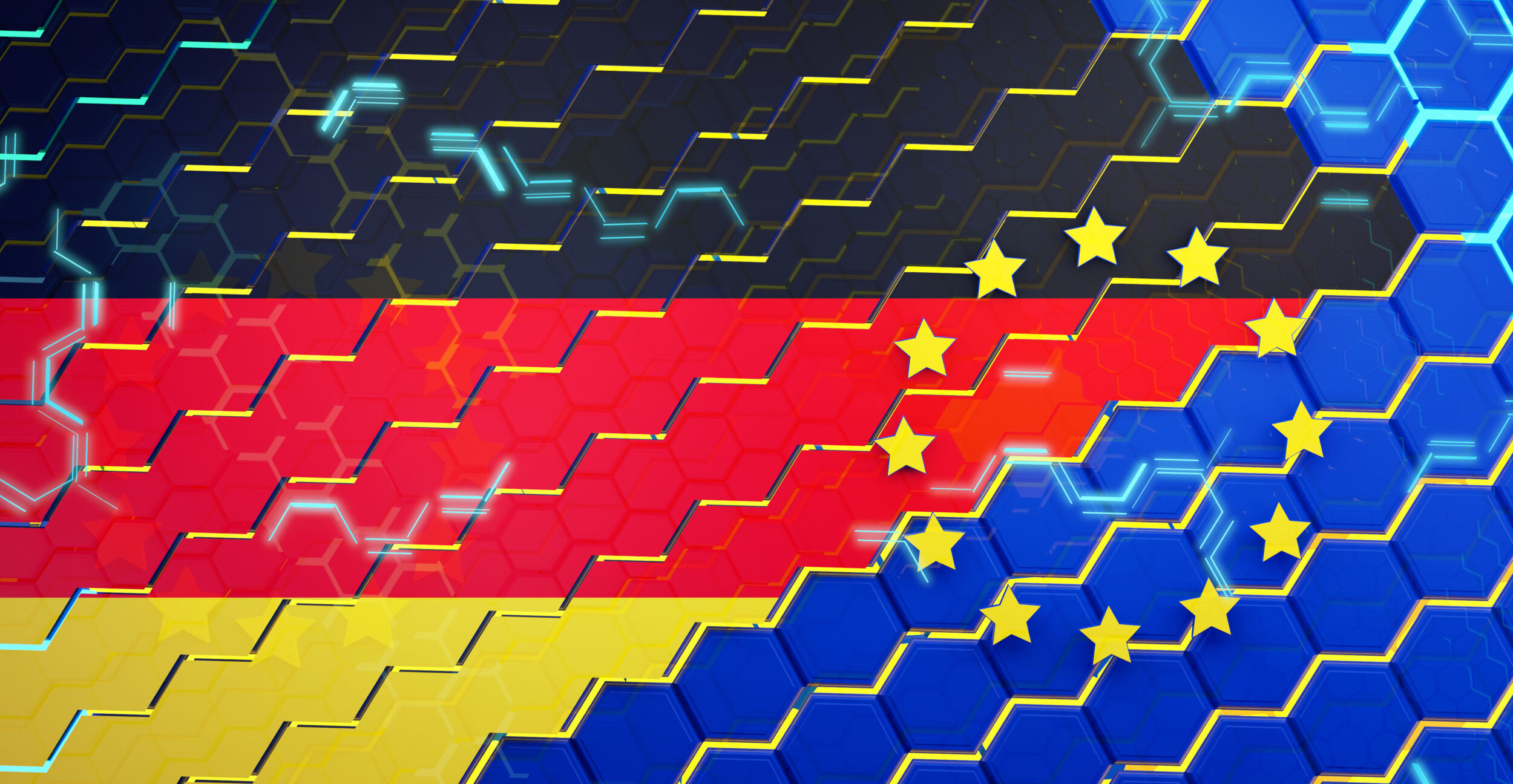 hexagonal structure background. colors of the flag of Europe and Germany combined with light blue lights 3d illustration