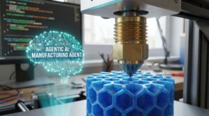 Advanced agentic AI manufacturing agent concept showing a smart 3D printer creating a complex blue honeycomb structure