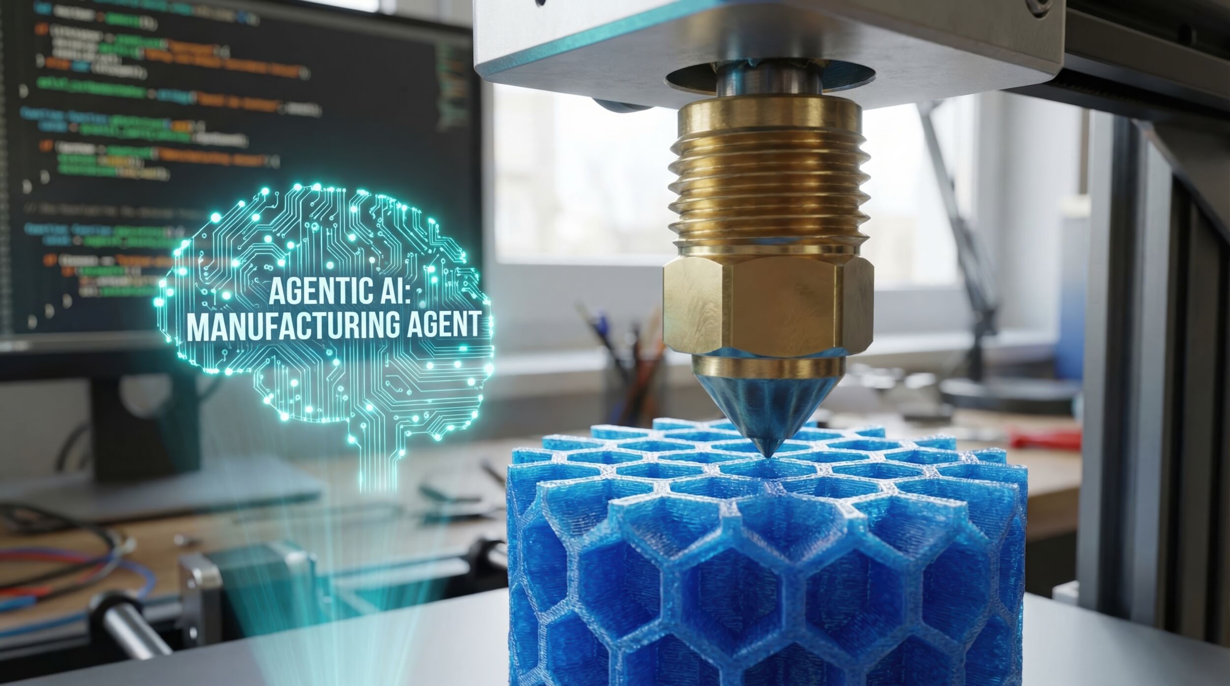 Advanced agentic AI manufacturing agent concept showing a smart 3D printer creating a complex blue honeycomb structure
