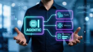 Man presenting an AI Agentic Framework illustration with tools memory and planning modules
