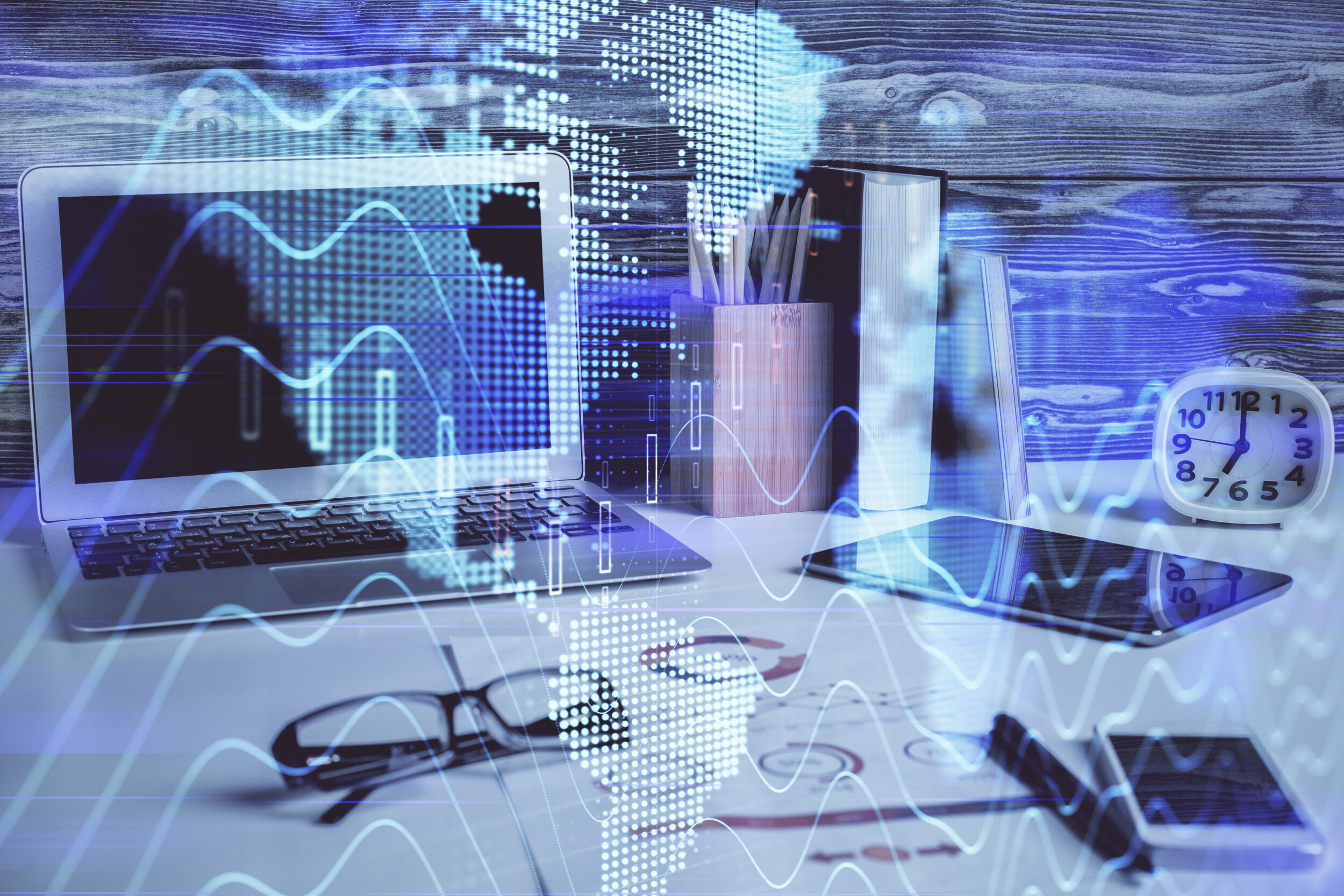 Multi exposure of forex graph and work space with computer. Concept of international online trading