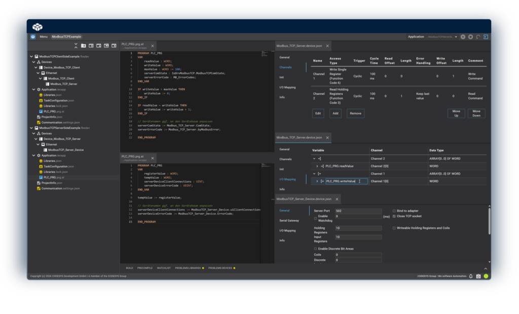 Codesys 4 im Browser: Projektbaum mit Modbus-Konfigurator und Editor für Strukturierten Text mit beobachteten Variablenwerten.