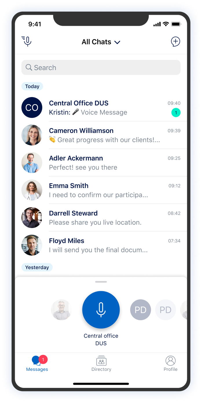 Über das neue Mikrofon-Icon in der Inbox-Nutzeroberfläche lassen sich bestehende 1:1- und Gruppenchats auswählen, für die Push-to-Talk aktiviert werden kann.