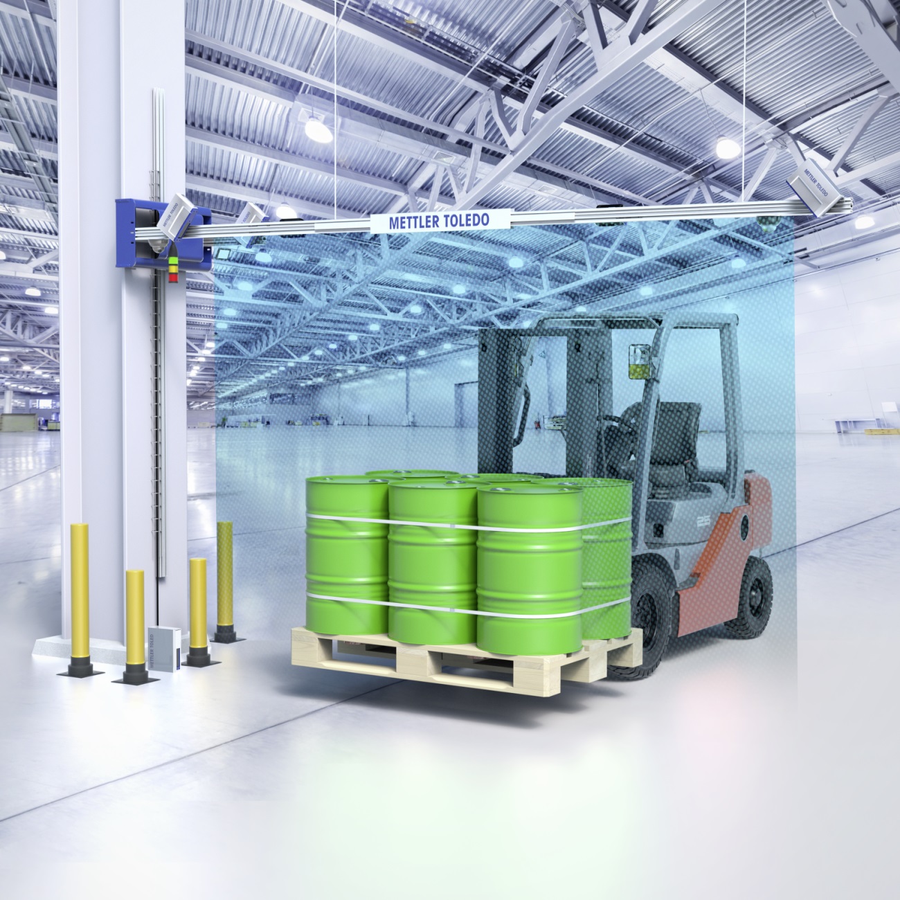 Mettler Toledo präsentiert auf der LogiMAT das an der Hallendecke montierte System TLD970, das während der Fahrt die Abmaße von Paletten am Gabelstapler messen kann.