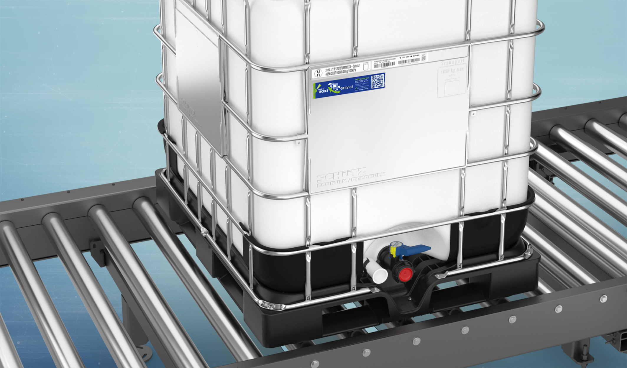 Für den automatisierten Transport von IBC auf Förderbändern hat der Verpackungsspezialist Schütz eine völlig neue Rahmenpalette aus Kunststoff entwickelt. Durch ihre spezielle Geometrie ist die Palette prädestiniert für den Längs- und Quertransport.