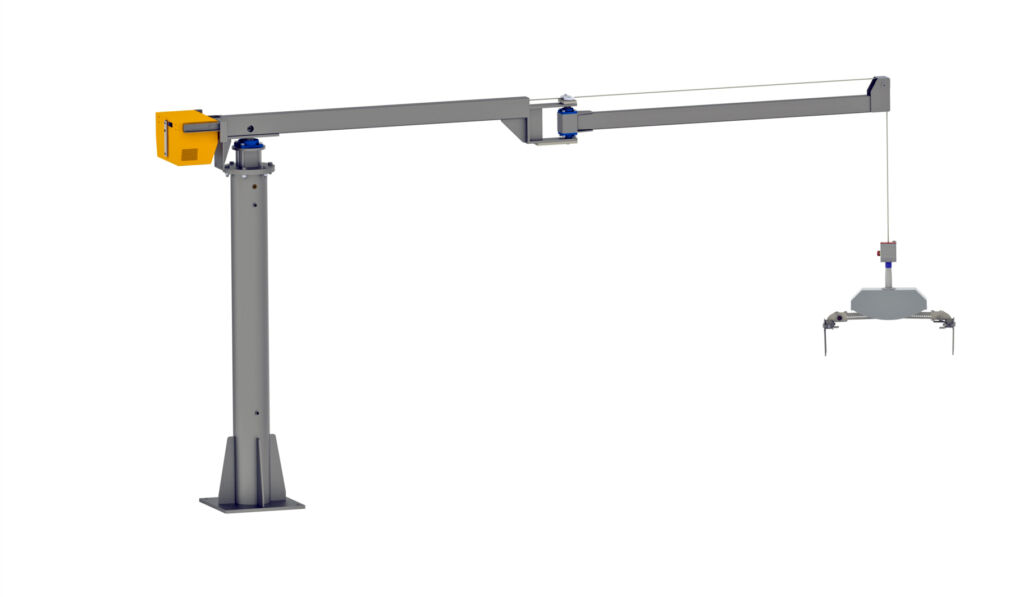 Säulenknickarmschwenkkran mit Balancer und mechanischem Greifer.