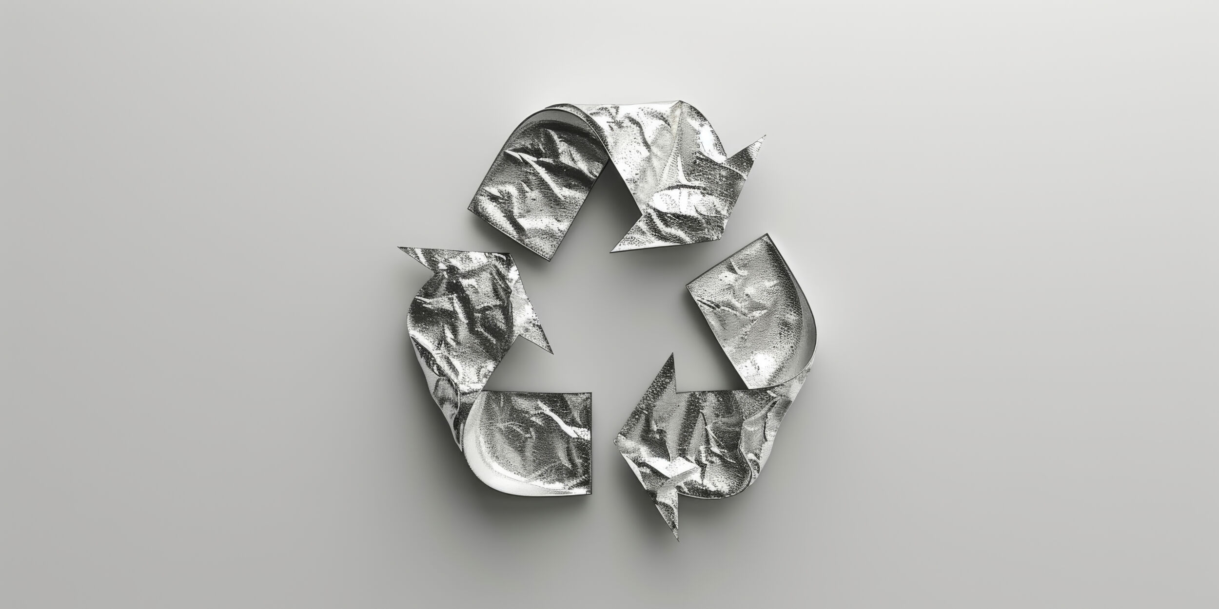 Crumpled Silver Foil Recycling Symbol on Gray Surface