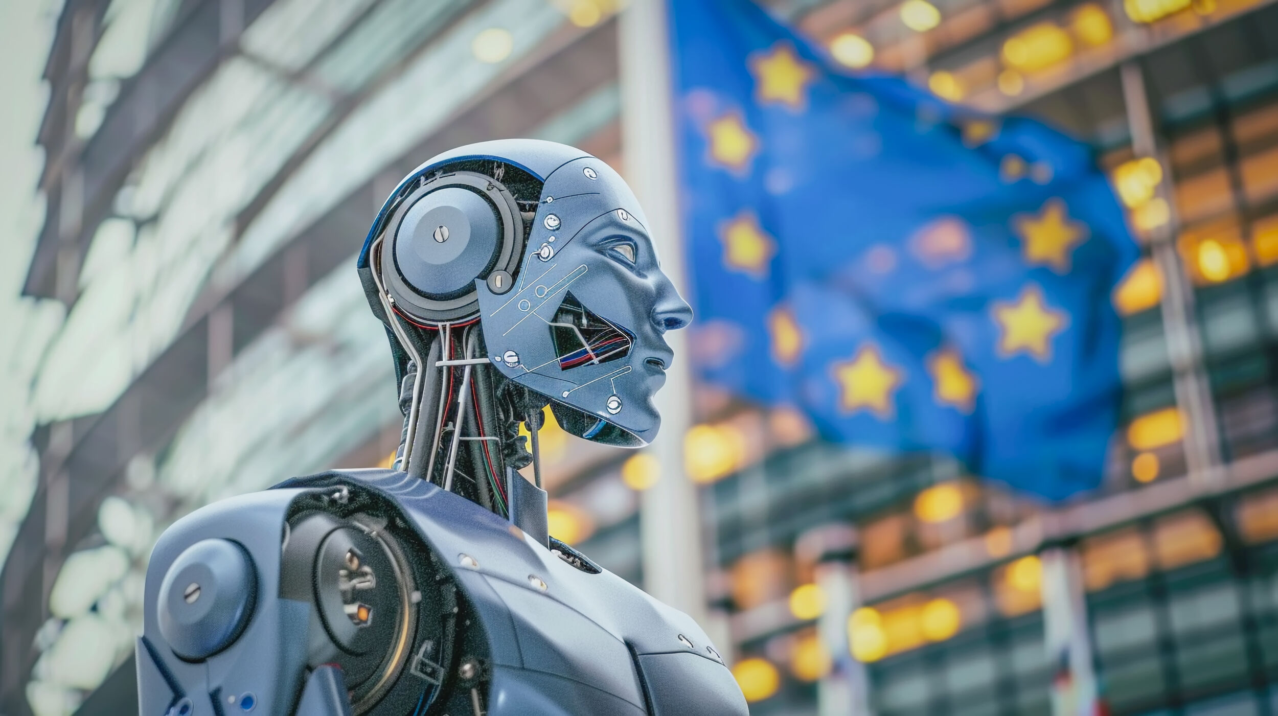 Robot with artificial intelligence on blurred background of EU flag concept of AI Regulation in legislation of EU