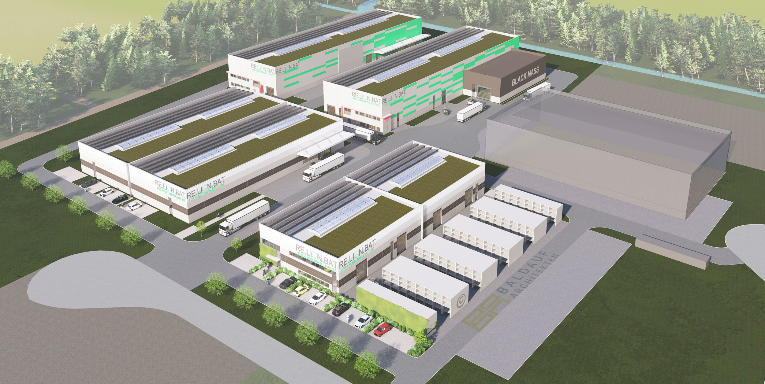 3D-Modell der neu errichteten Recyclingfabrik von Re.Lion.Bat.