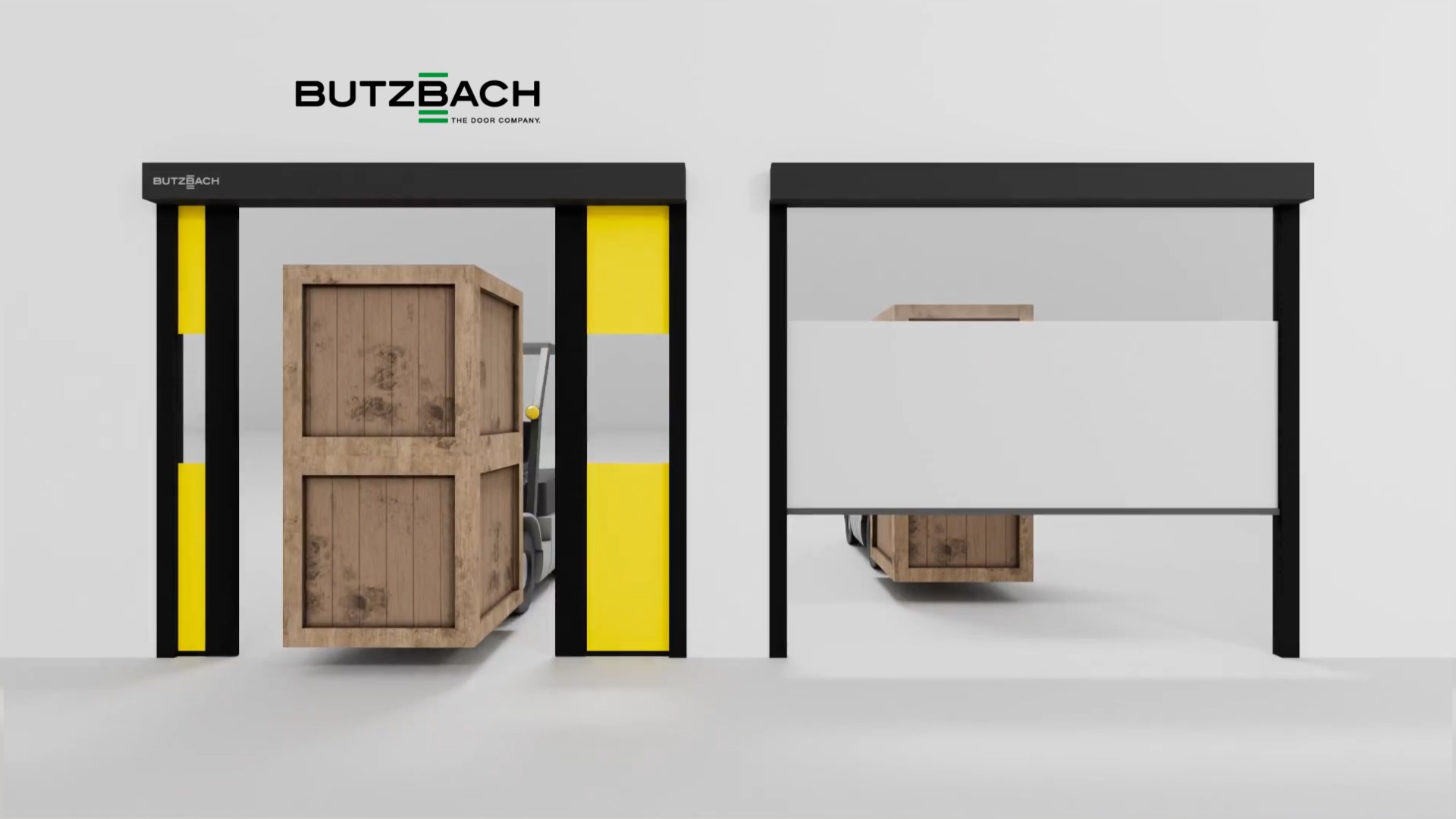 Während herkömmliche Rolltore nach oben öffnen, setzt Butzbach bei Schnelllauftoren auf eine seitliche Bewegung: Beide Torhälften rollen in Sekundenschnelle zur Seite.