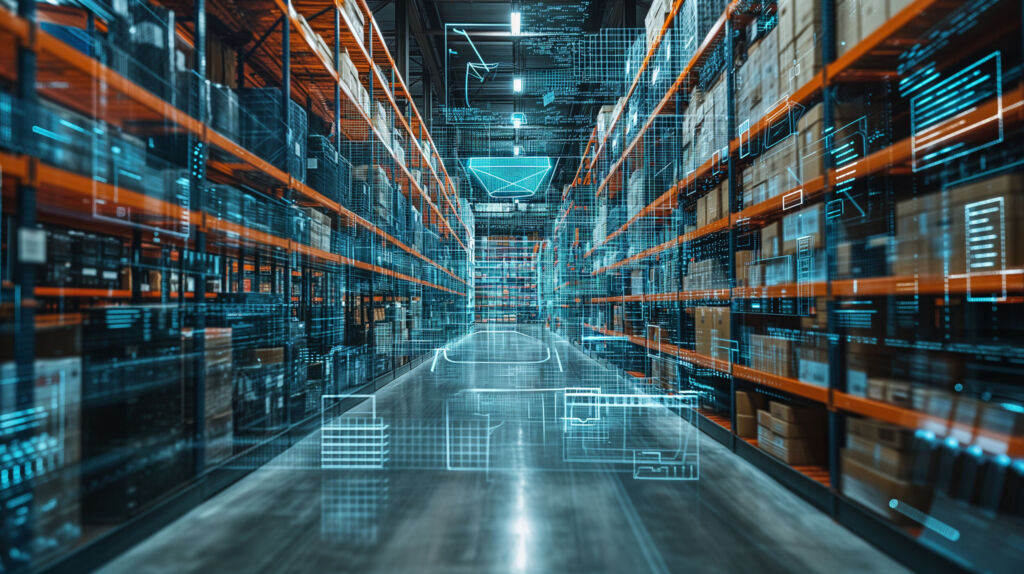 A logistics central warehouse of the future is digital and high tech. Automated robot systems efficiently transport and place goods