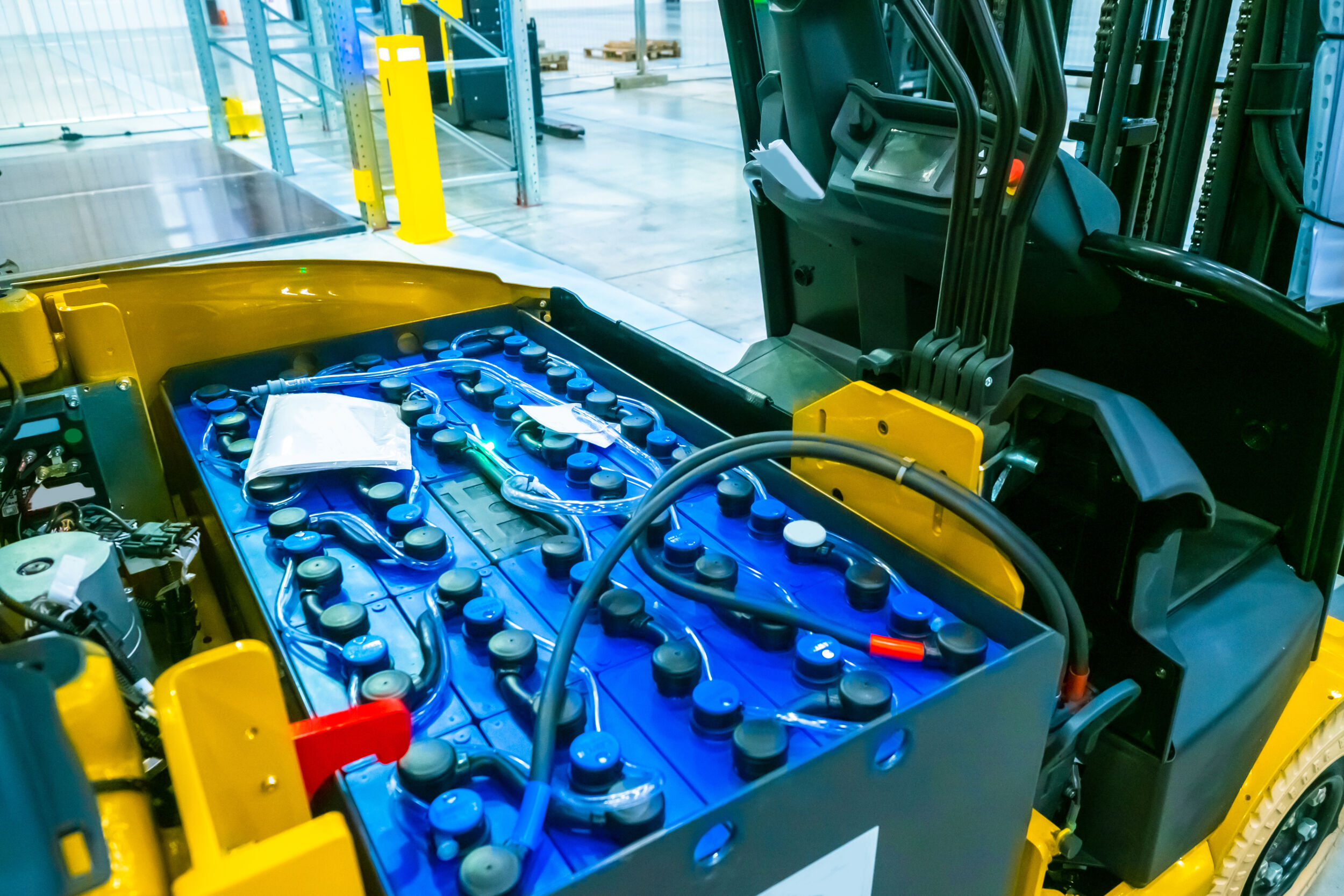 Fragment of a forklift. The battery of the truck. Warehouse storage. Automation of the storage process. Yellow forklift in the warehouse. Replacing batteries on a forklift