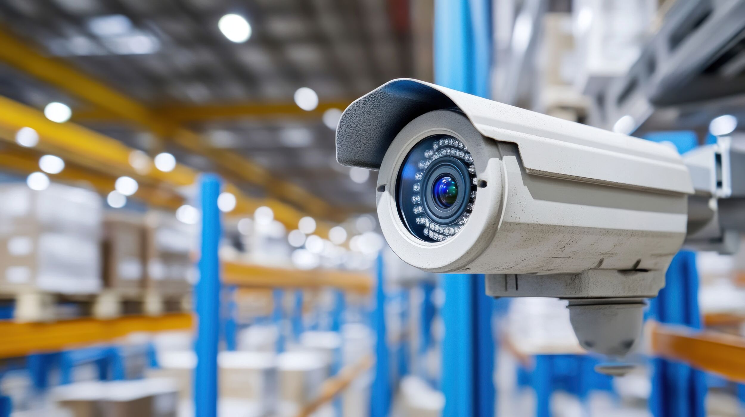 Security camera monitoring large industrial warehouse or factory