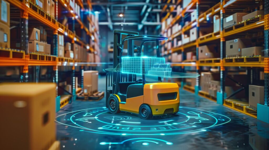 Forklift doing storage in warehouse by artificial intelligence automation
