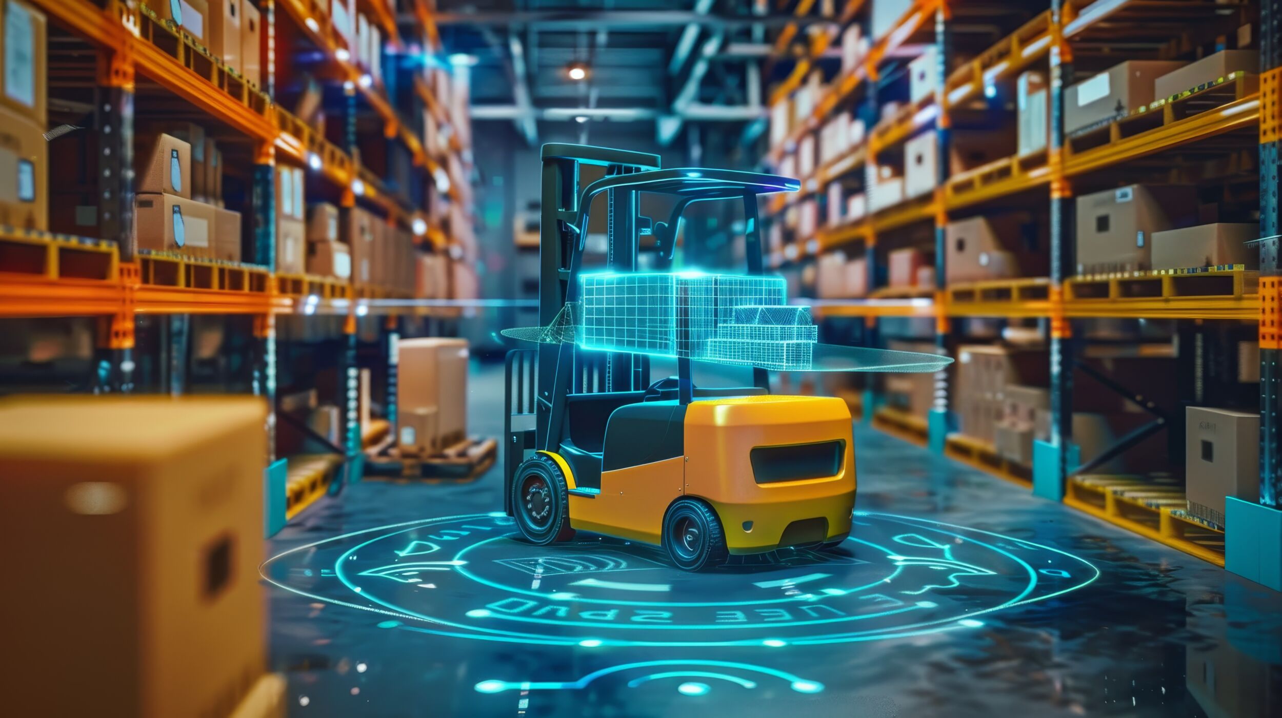 Forklift doing storage in warehouse by artificial intelligence automation