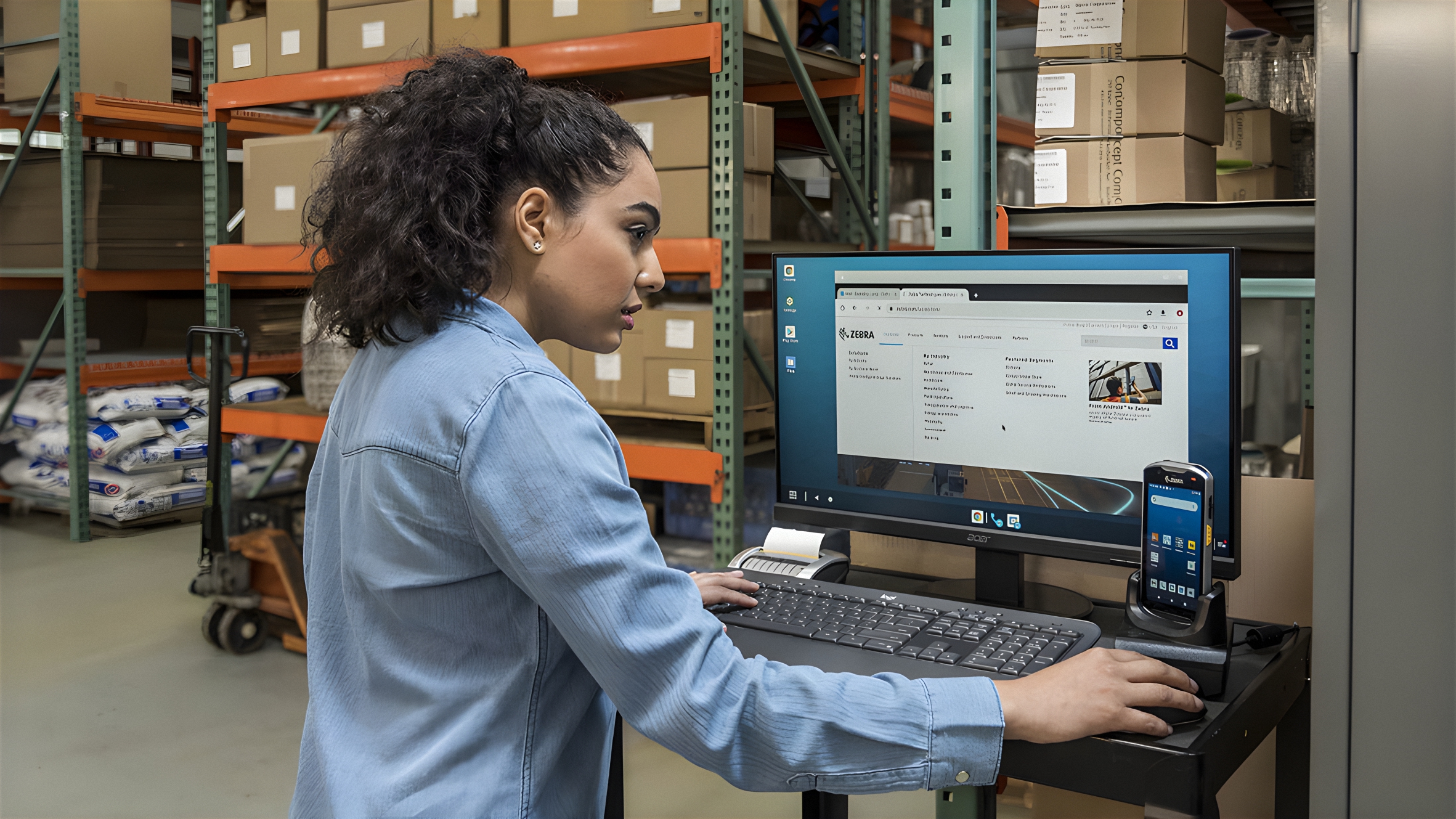 Mitarbeiterin bei der digitalen Prozess-Steuerung im Lager.