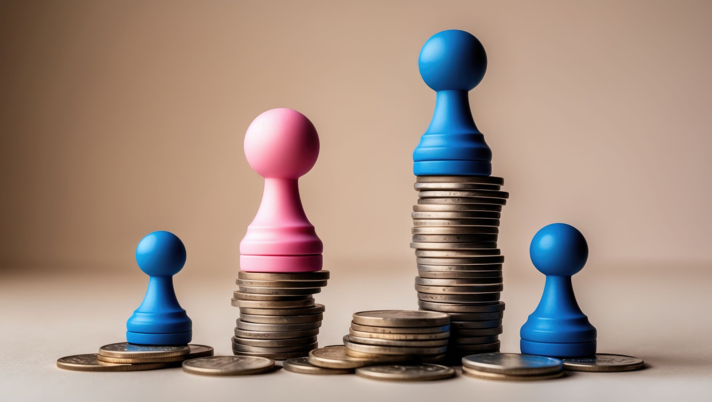 Pink and blue pawns atop growing stacks of coins