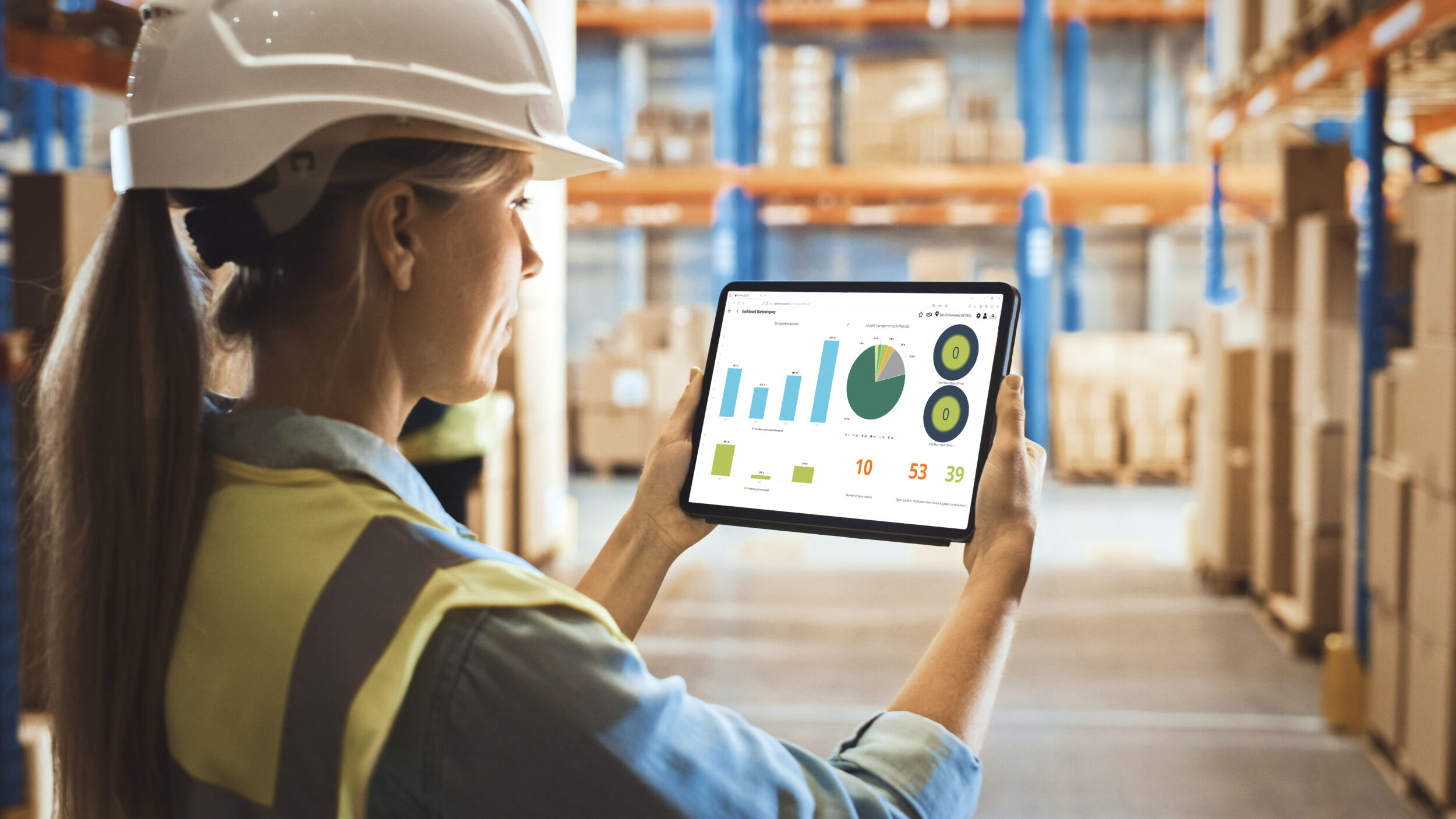 Professional Female Worker Wearing Hard Hat Uses Digital Tablet
