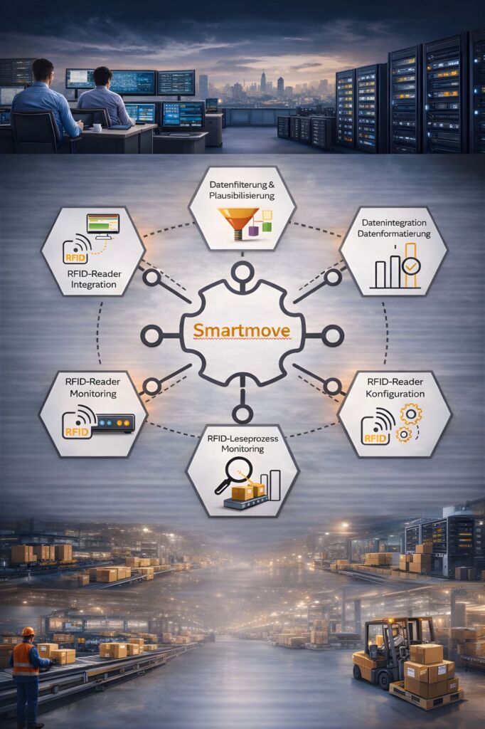 Die neue RFID-Integrations- und Management-Plattform Smartmove wurde für den Einsatz in Produktion und Logistik entwickelt und kommt an stationären RFID-Lesestationen, RFID-Gates oder RFID-Tunneln zum Einsatz.
