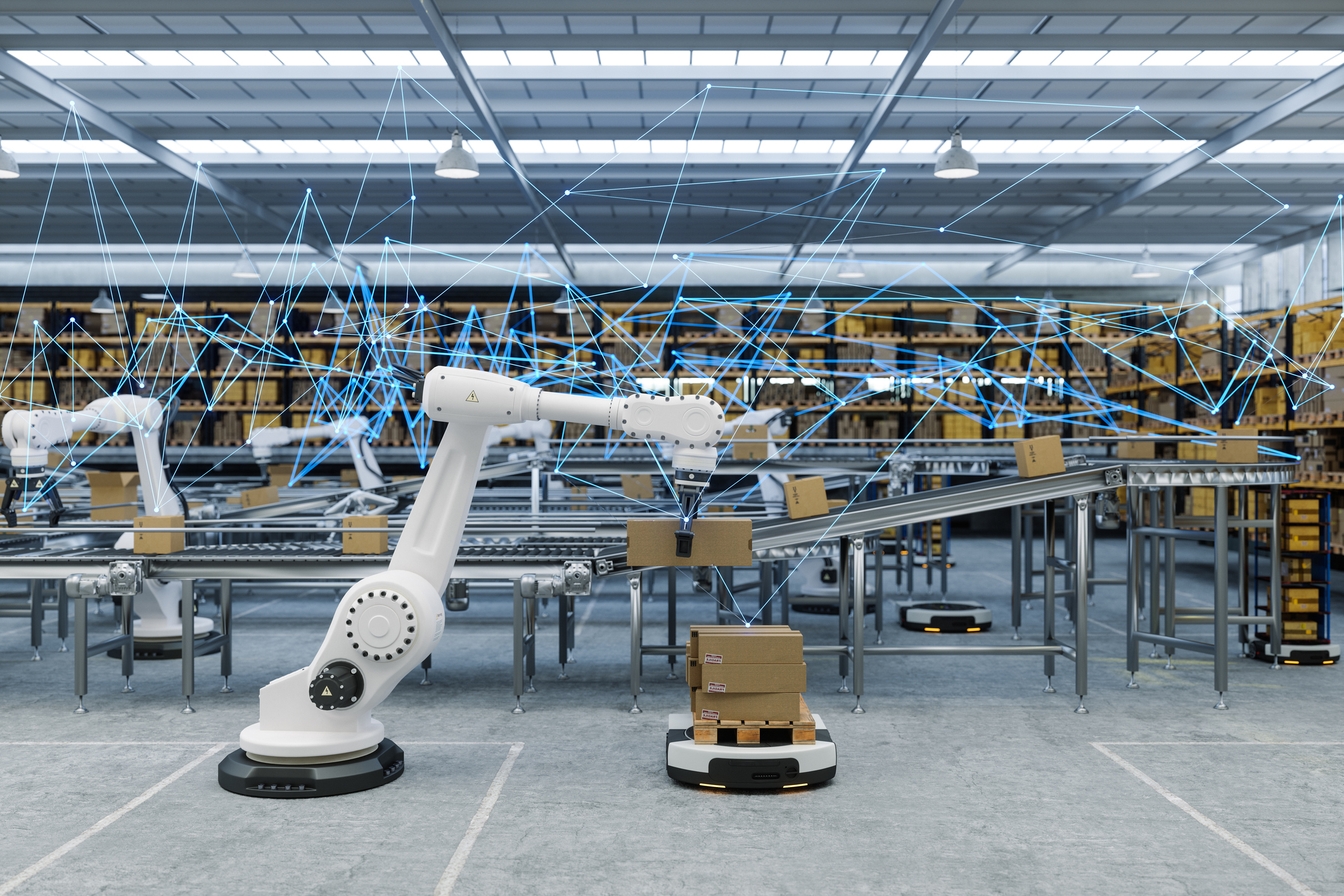 Distribution Warehouse With Plexus Automated Guided Vehicles And Robots Working On Conveyor Belt