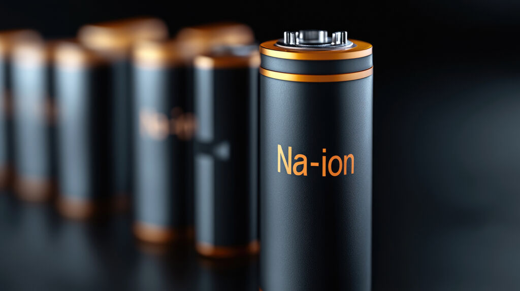 Sodium ion battery standing in a row of advanced next generation cells representing innovation in energy storage and sustainable power technology for the future
