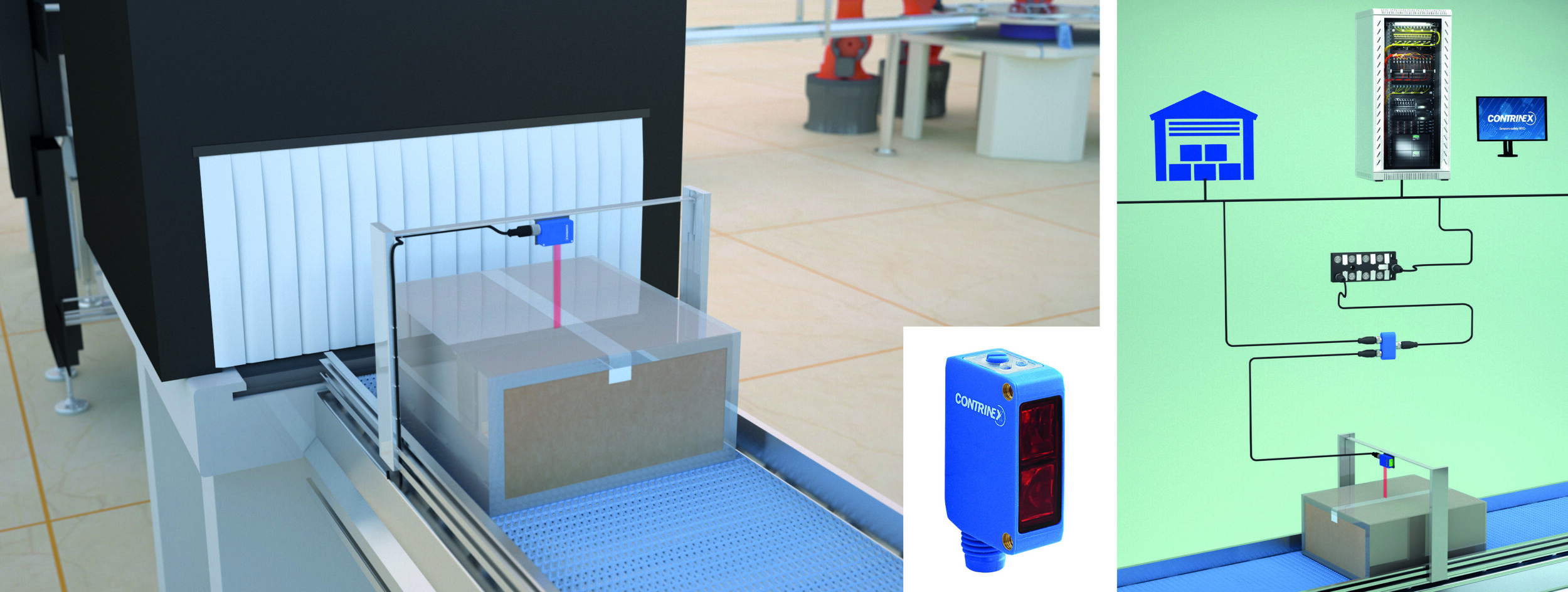 Fotoelektrische DMS-Smart-Sensoren von Contrinex detektieren u.a. Überhöhen von Paketen auf Förderbändern.