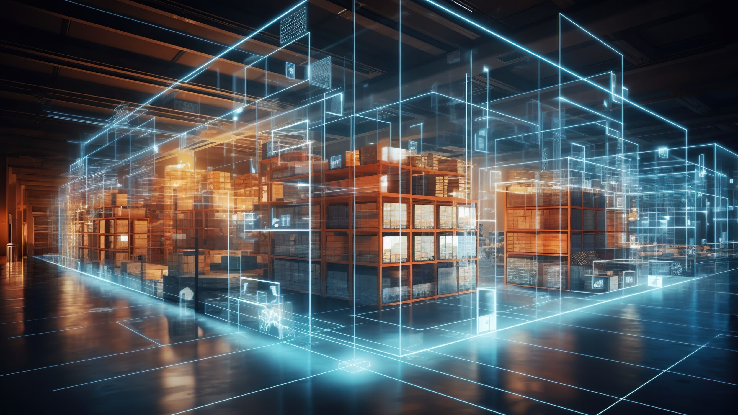Futuristic digital warehouse using augmented reality smart logistics ecommerce and delivery concept in modern industry