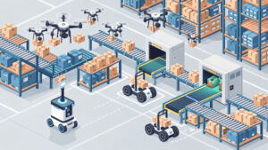 Automated warehouse with drones robots and conveyor belts for logistics