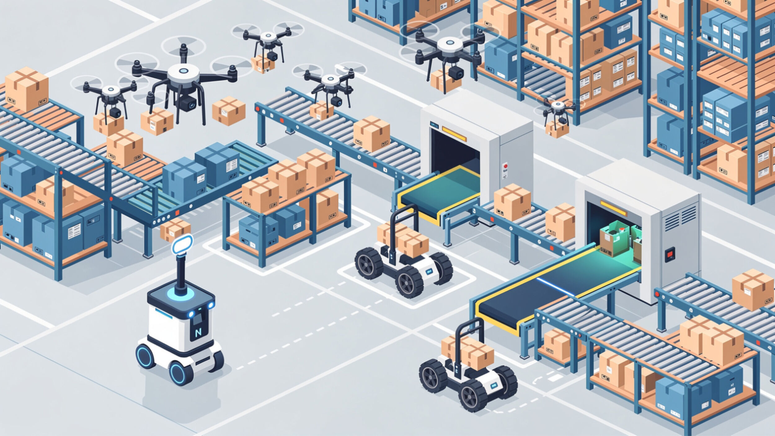 Automated warehouse with drones robots and conveyor belts for logistics