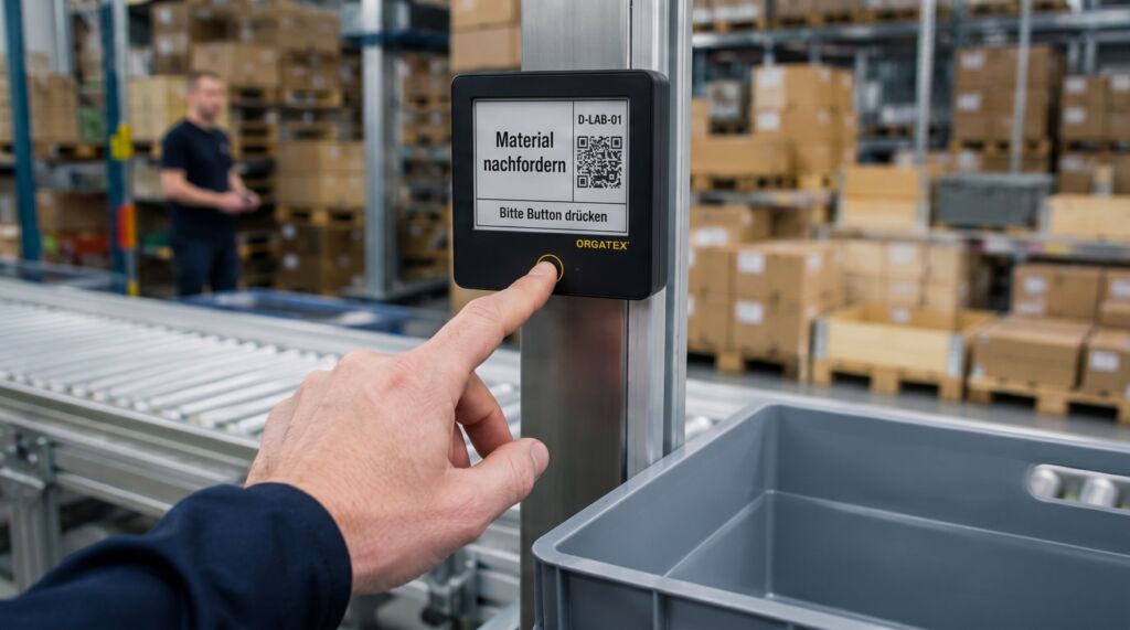 Mit OX-Button lassen sich per Knopfdruck vorab selbst definierte Abläufe auslösen, etwa um ein fahrerloses Transportsystem zu rufen.