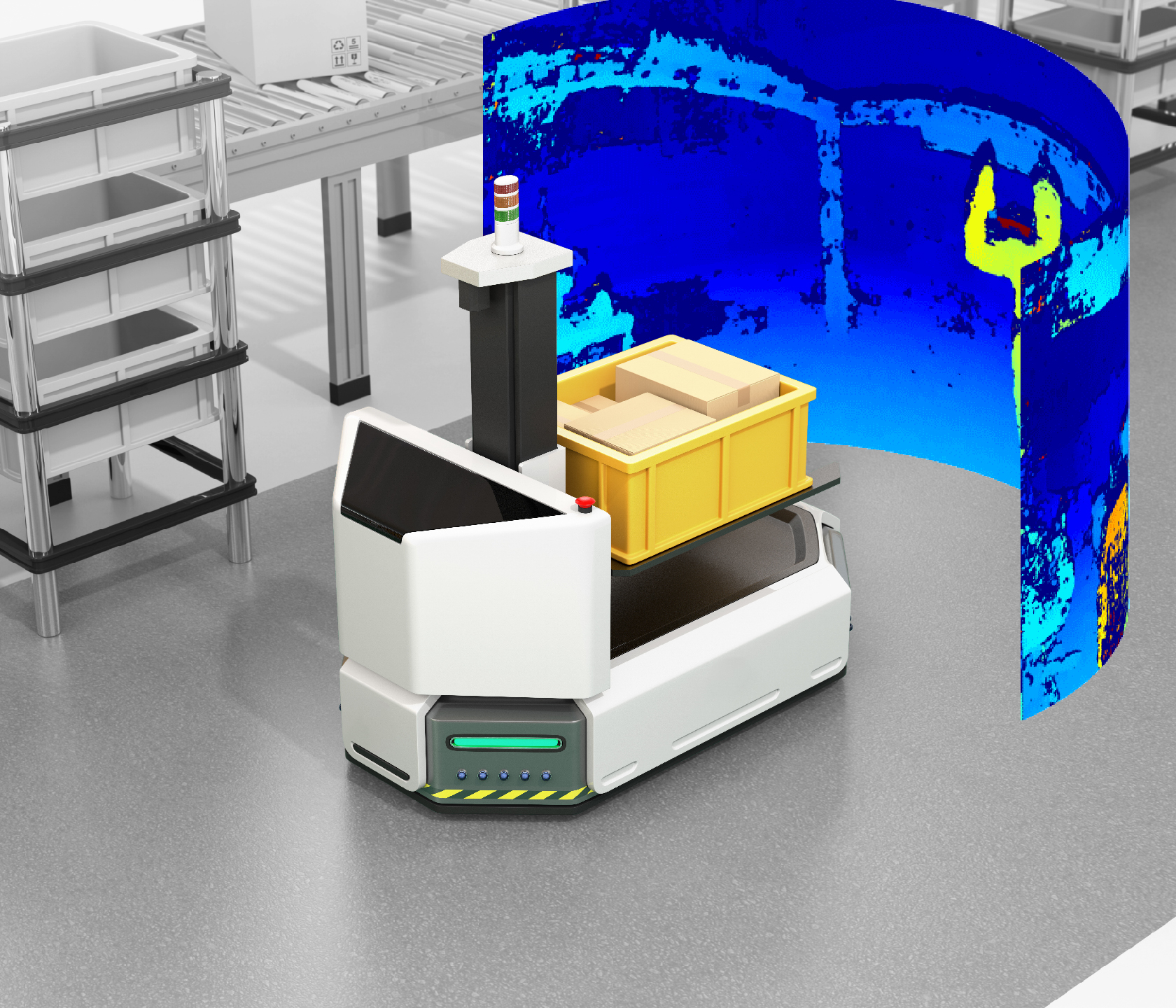 The 3D camera technology HemiStereo makes it possible to measure the entire half space in front of the camera in three dimensions, which corresponds to an opening angle of 180x180° (HxV).