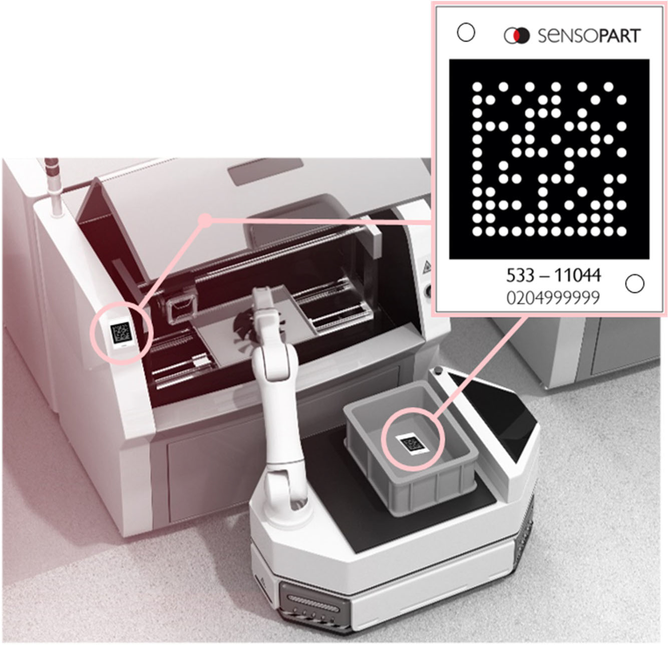 Ein mobiler Roboter korrigiert seine Position mithilfe einer Zielmarke (Target Mark) und des Vision Sensor Visor Robotic an der Arbeitsstation.