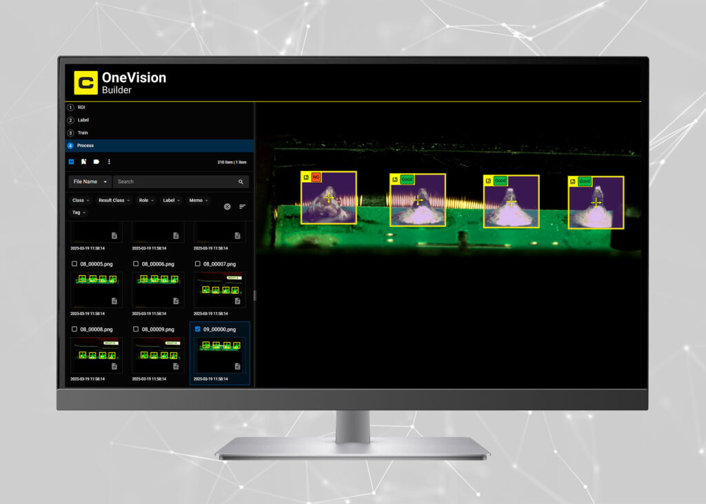 The OneVision software platform, shown here analyzing circuit board welds, uses AI to improve and simplify application development and unify multiple tools, sites, and workflows.