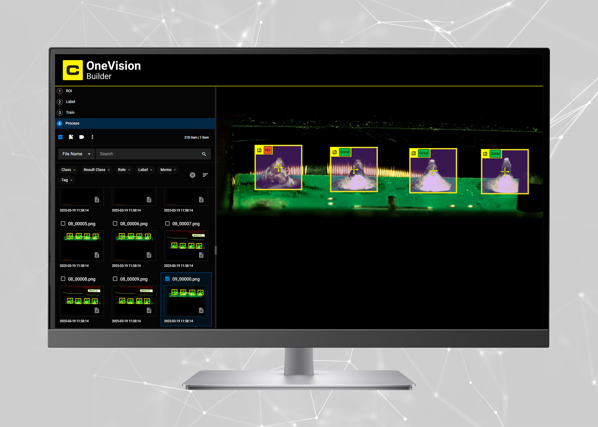 The OneVision software platform, shown here analyzing circuit board welds, uses AI to improve and simplify application development and unify multiple tools, sites, and workflows.
