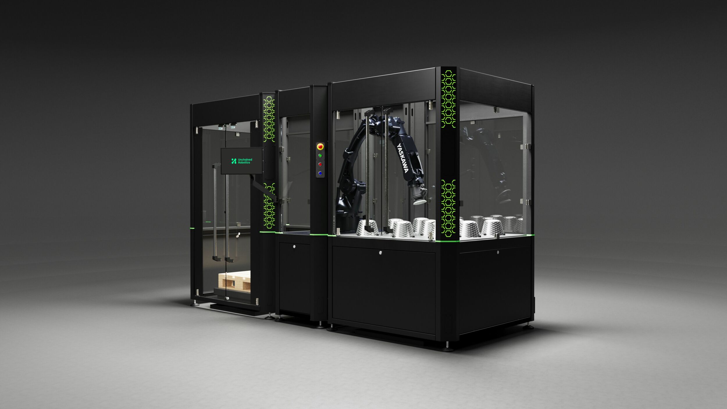 Automatisierungshürde senken 4 Die schlüsselfertige Schleiflösung von Unchained Robotics besteht aus einem Modul mit Yaskawa-Roboter und einem oder mehreren Schleifstationsmodulen.