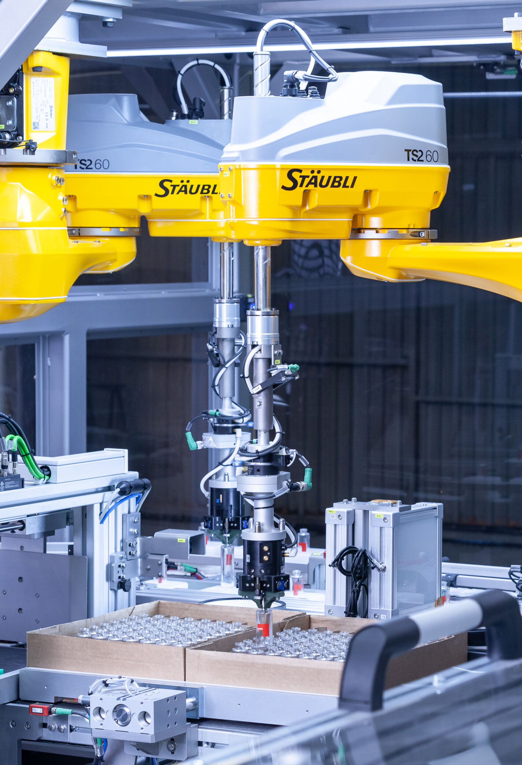 Zwei Scara-Roboter von Stäubli bestücken Trays mit Flaschen und Flakons.