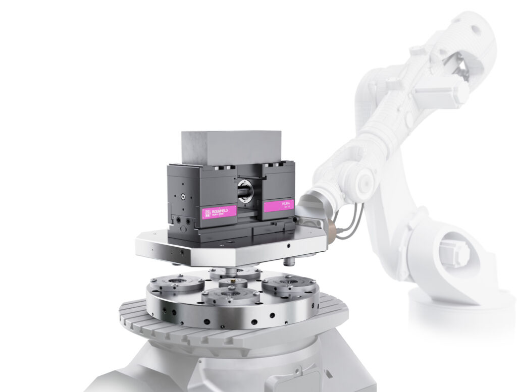 Vollautomatischer Werkstückwechsel ab Losgröße 1 1 Roemheld zeigt auf der AMB den automatischen Wechsel von Spannbacken für unterschiedliche Werkstücke.