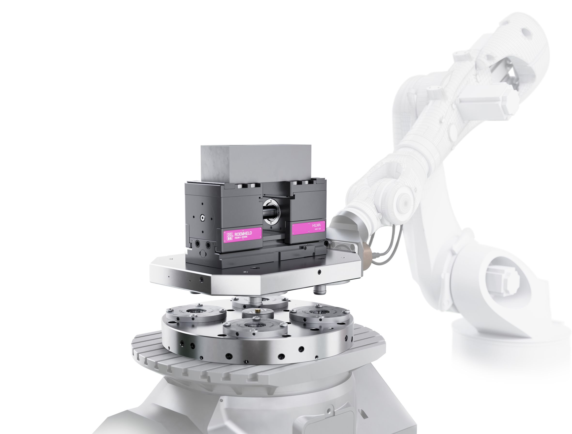 Vollautomatischer Werkstückwechsel ab Losgröße 1 3 Roemheld zeigt auf der AMB den automatischen Wechsel von Spannbacken für unterschiedliche Werkstücke.