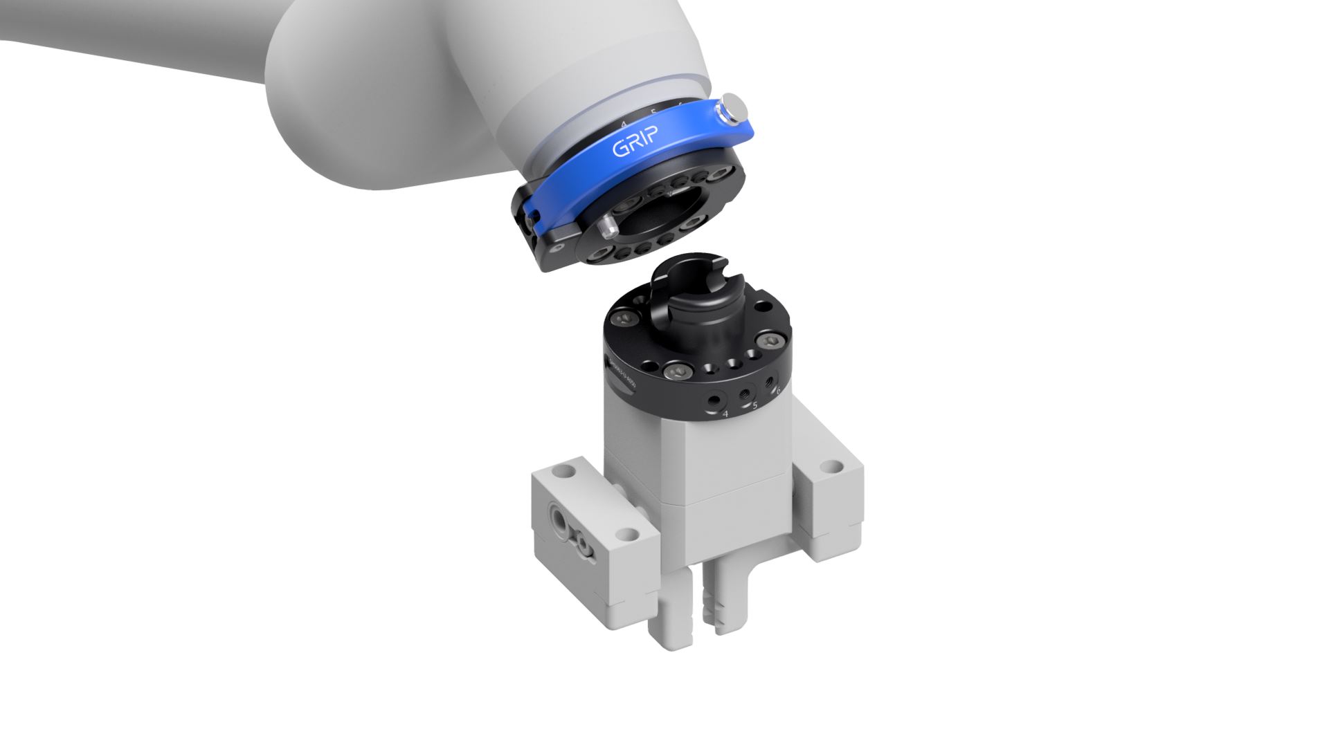 Manuelles Schnellwechselsystem 7 G SHS063 aufgeklappt mit Roboter und Greifer