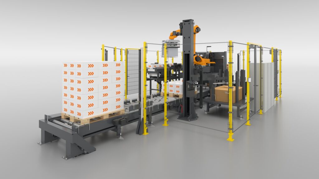 Raumsparend und effizient 1 Die neue Kompaktklasse der Trapo-Palettierroboter lassen sich mithilfe eines modularen Baukastens an die jeweilige Anwendung anpassen.