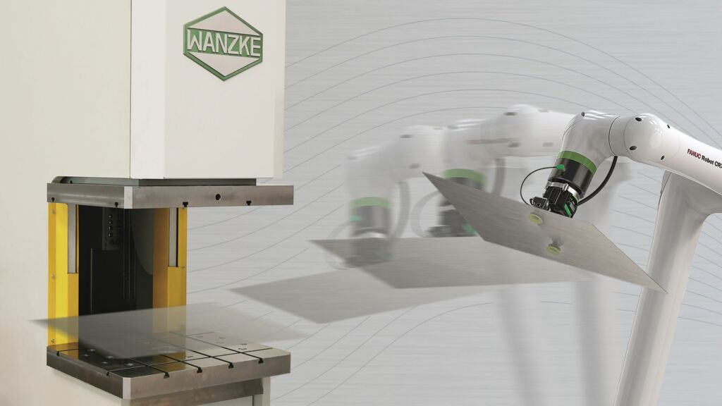 Mit Roboter automatisierte Servopresse 1 Perfektes Zusammenspiel: Wanzke-Presse mit ASA Automation.