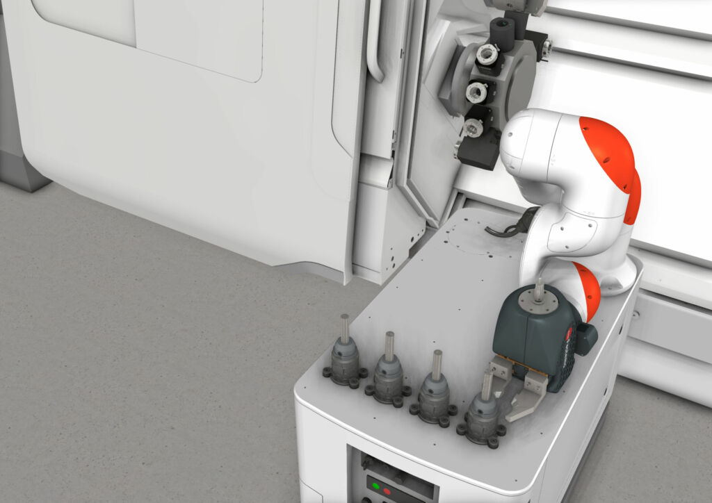 Einsparpotenziale für die Drehteilefertigung 1 Das neue Automatisierungskonzept besteht im Wesentlichen aus einem Roboter für das Werkzeug- und Werkstückhandling, Ablageplätzen für die Werkzeugadapter und einer Software zur Steuerung der Automatisierung.