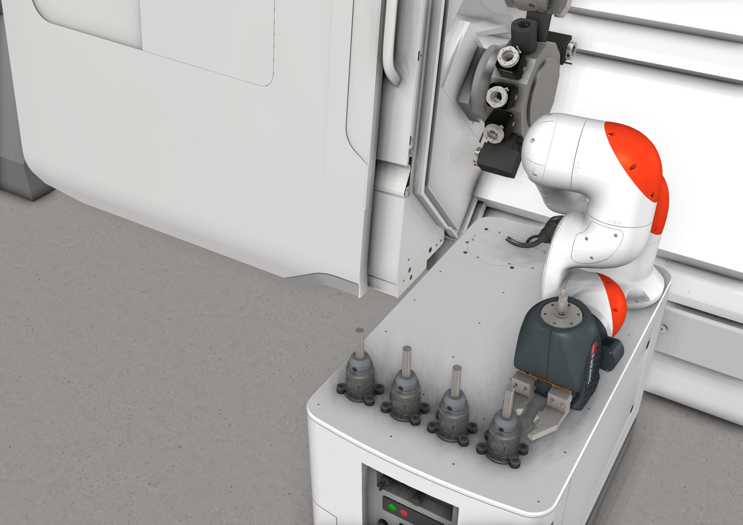 Einsparpotenziale für die Drehteilefertigung 4 Das neue Automatisierungskonzept besteht im Wesentlichen aus einem Roboter für das Werkzeug- und Werkstückhandling, Ablageplätzen für die Werkzeugadapter und einer Software zur Steuerung der Automatisierung.