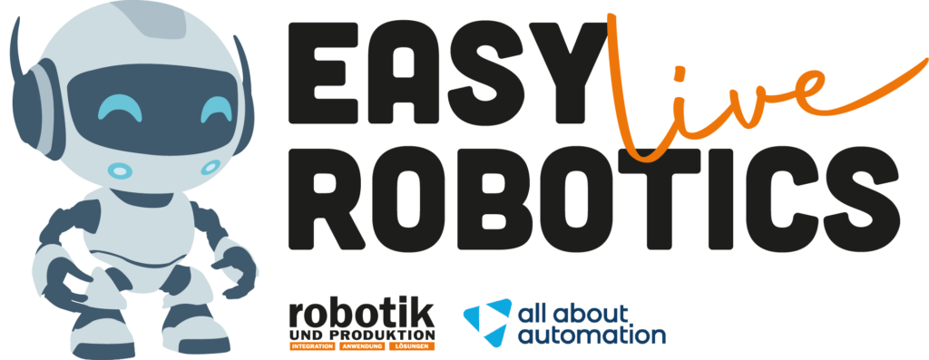 Easy Robotics live auf der All About Automation 1 Logo Easy Robotics live weiss mit Roboter